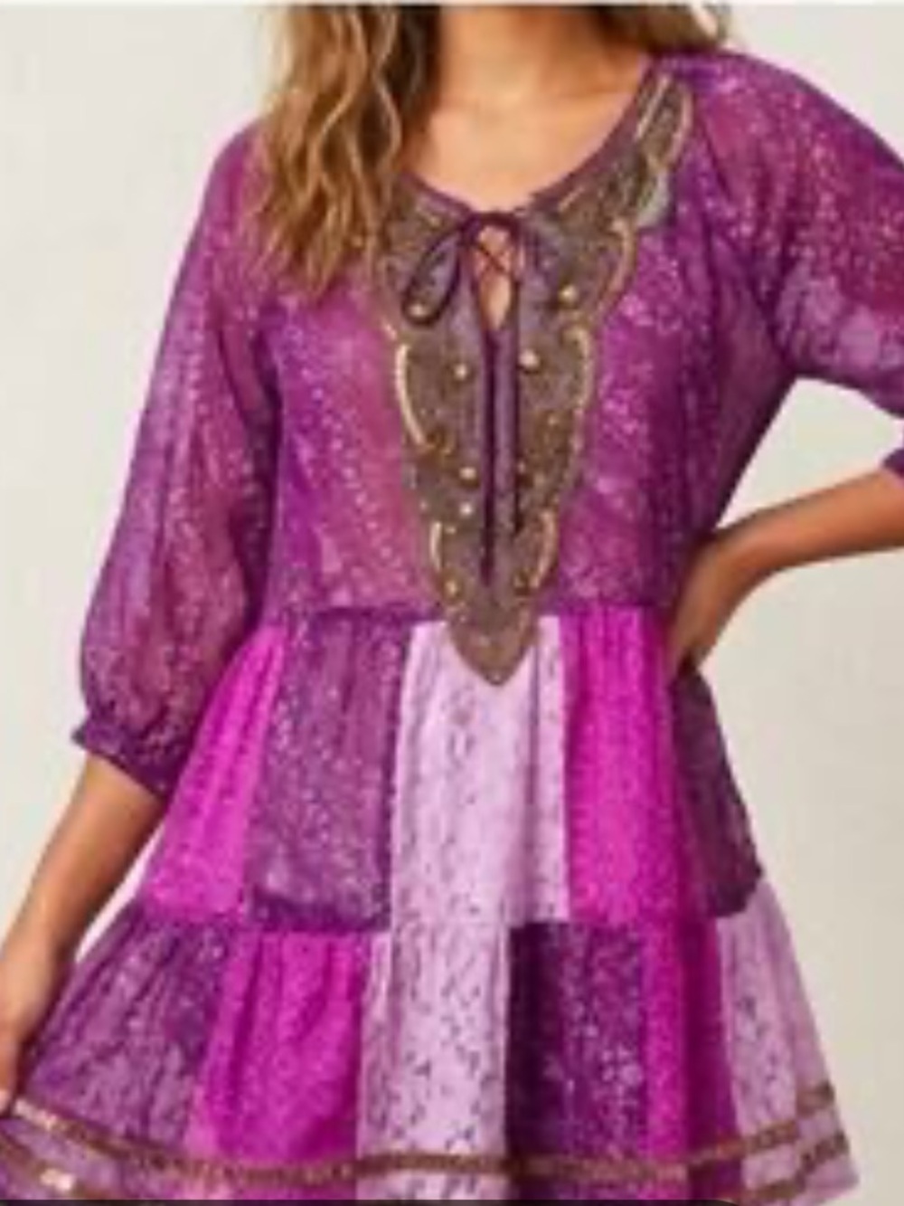 FREE PEOPLE GOSSAMER WINGS TUNIC MINI DRESS PURPLE PATCHWORK BOHO SZ